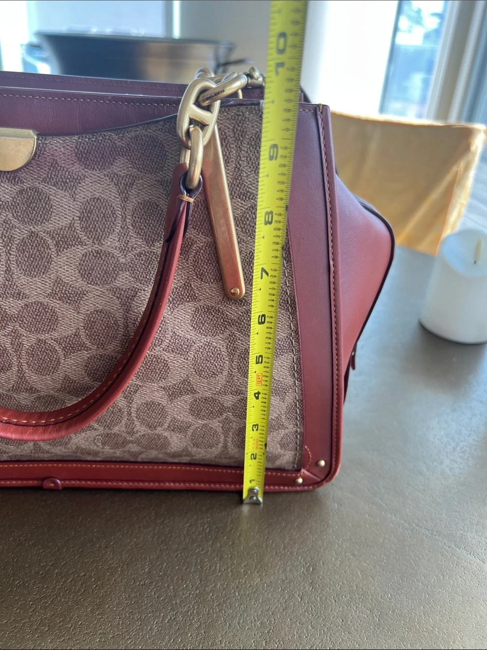 Coach Brown Signature Monogram Satchel with Burgundy Trim